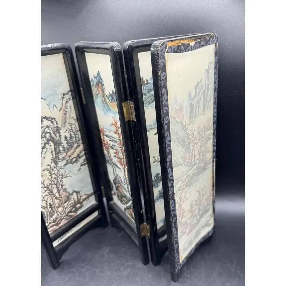 Vintage Asian Style 4 Panel Folding Doll House Screen Hand Painted Landscape